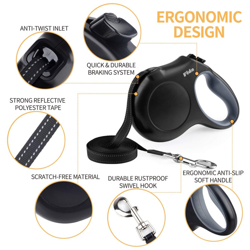 Fida Retractable Dog Leash with Dispenser and Poop Bags, 16 ft Pet Walking Leash for Large Dog up to 110 lbs, Anti-Slip Handle, Tangle-Free, Reflective Nylon Tape (L, Black) - Image 3